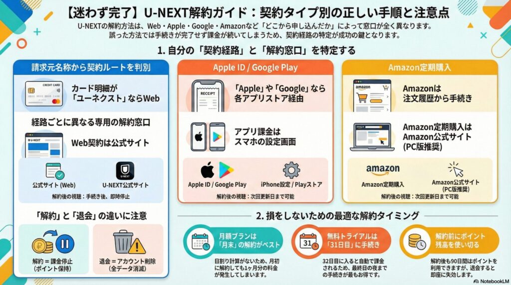 【解約方法】U-NEXTの解約手順完全ガイド|契約経路別の確実な手続き方法と注意点