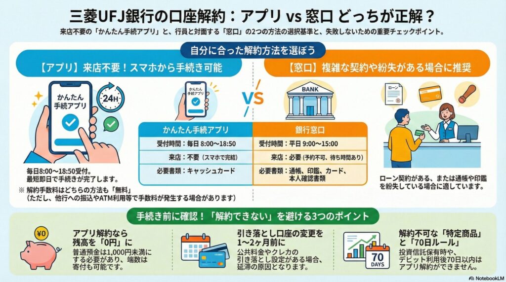 【解約方法】三菱UFJ銀行の口座解約手順を完全ガイド！アプリ・窓口での手続き方法と注意点