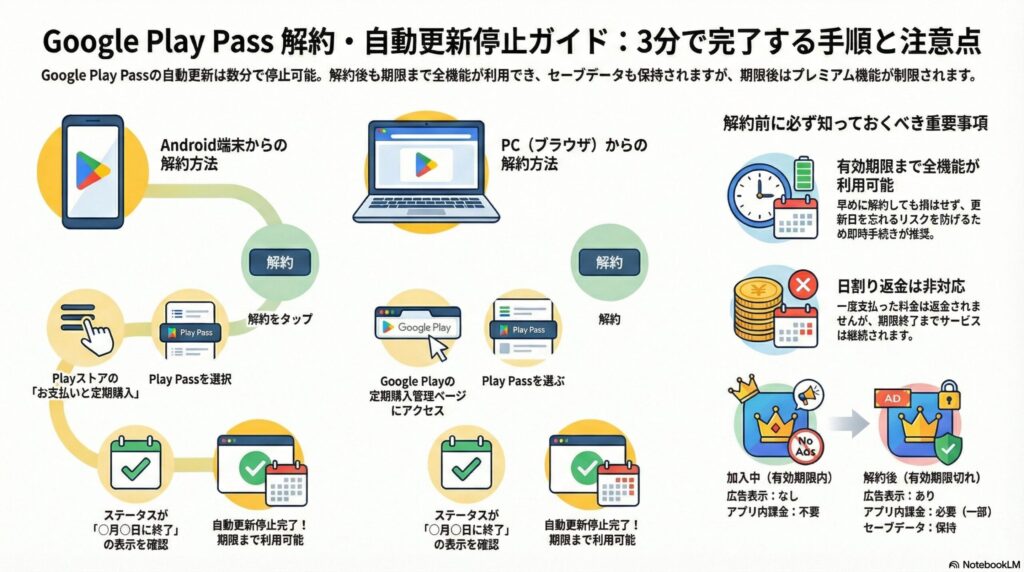 【解約方法】Google Play Pass｜Android・PCから3分で自動更新停止
