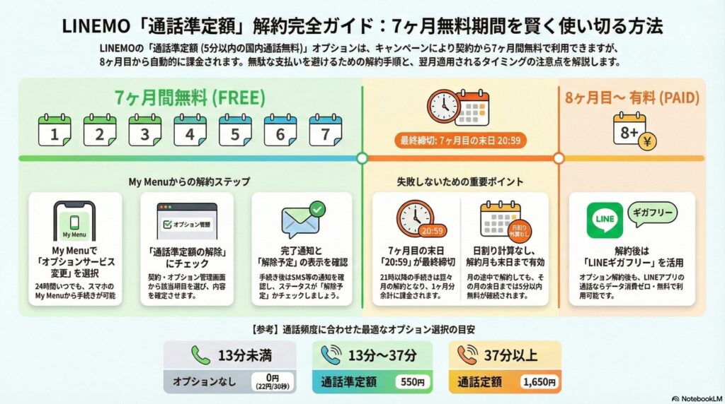 【解約方法】LINEMO通話5分準定額オプションの解約方法を完全解説!7ヶ月無料期間終了前の手続きと注意点