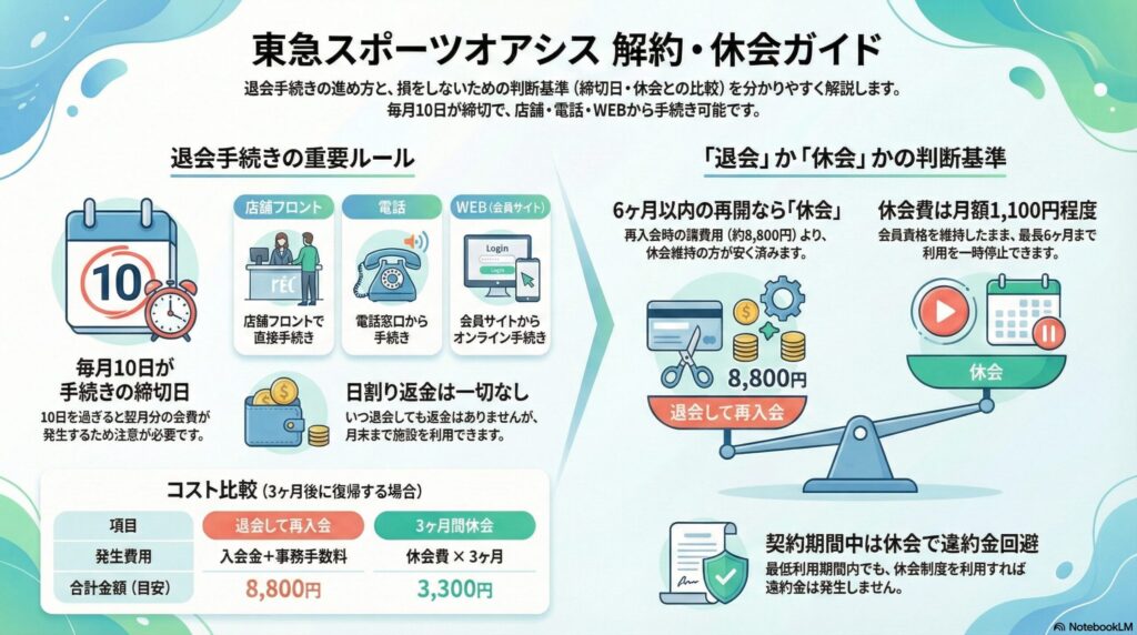 【解約方法】東急スポーツオアシス｜休会と退会どっちがお得？徹底比較